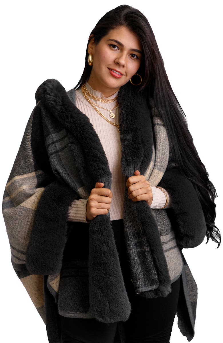 SAACHI Blair Plaid Faux Fur Trim Topper, Alternate, color, Black