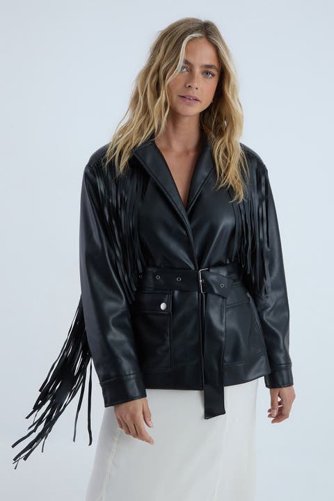 Fringe Faux Leather Belted Jacket