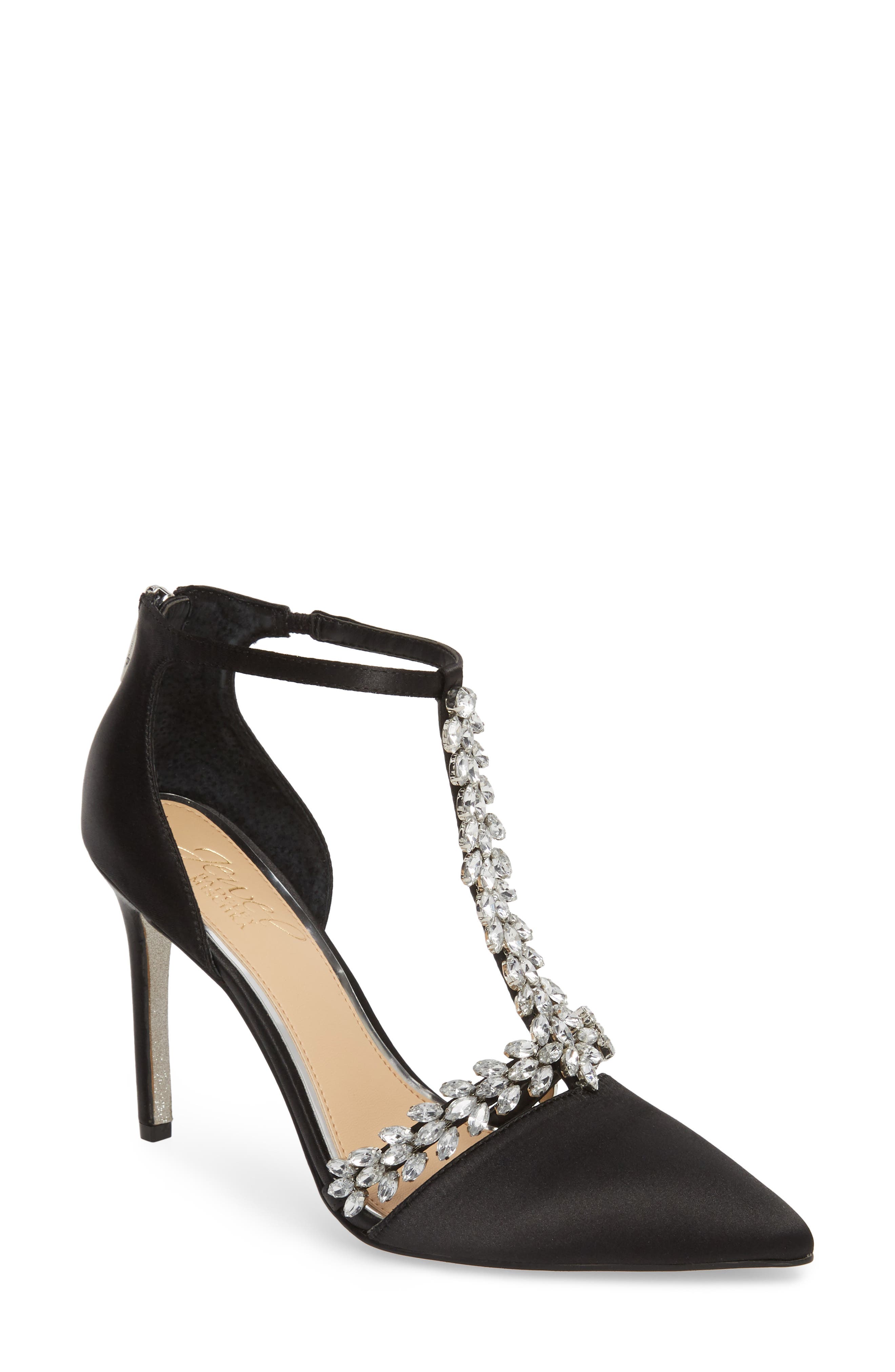 Meena Crystal Embellished T-Strap Pump, Main, color, BLACK SATIN