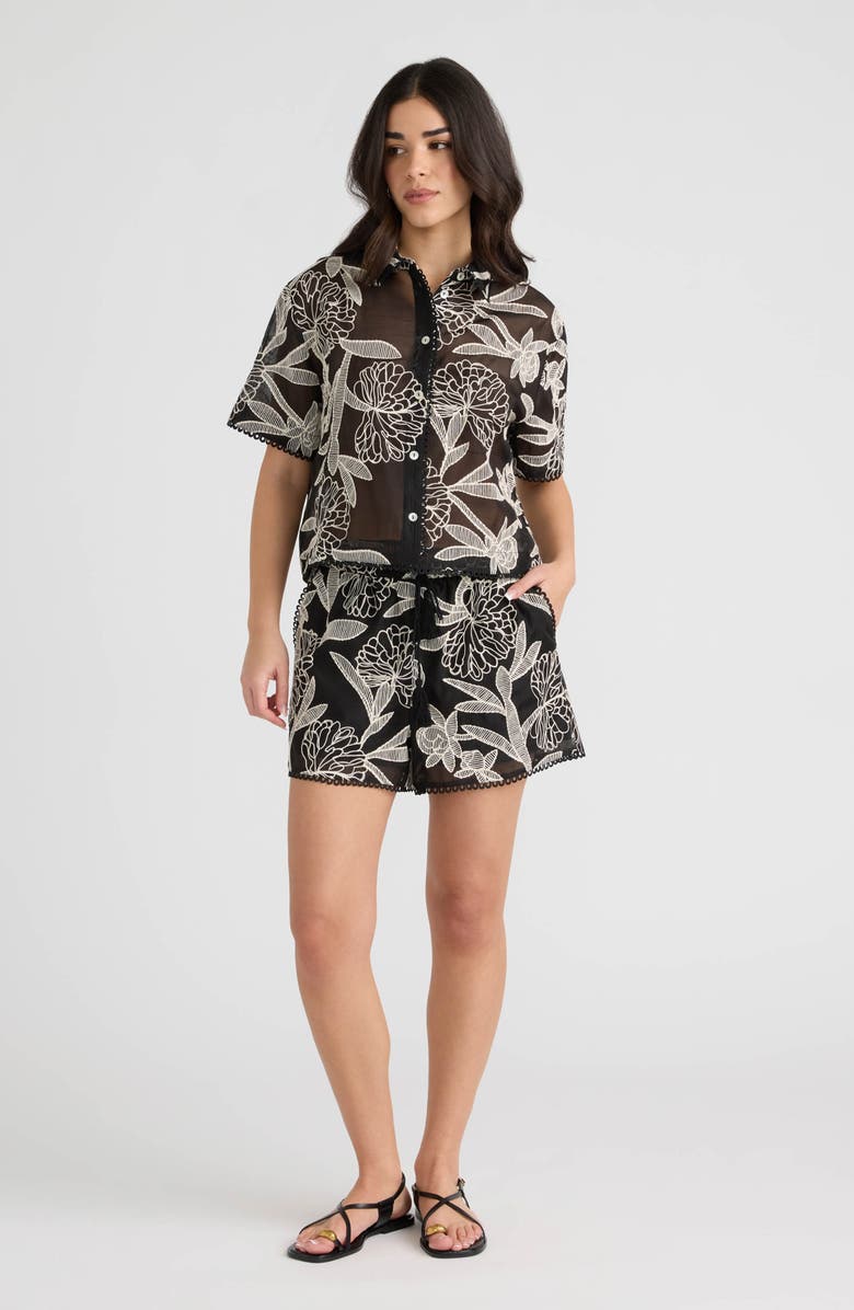 NVLT Embroidered Georgette Short Sleeve Camp Shirt, Alternate, color, Black/ Cream