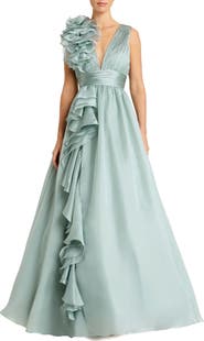 Mac Duggal Ruffle Shoulder V-Neck Chiffon Gown