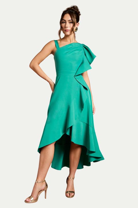 One Shoulder Crepe Ruffle Midi Dress