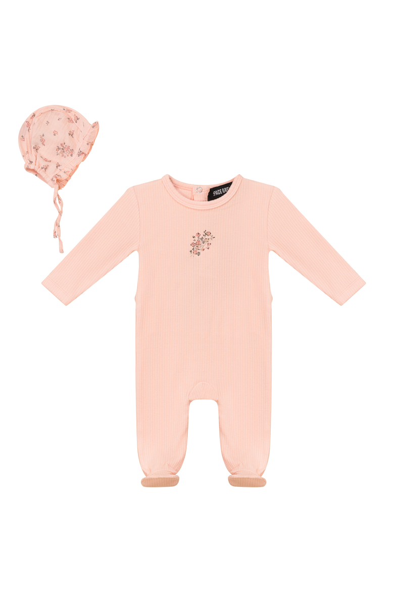 Pointelle Rib Romper and Floral Gauze Bonnet Set, Main, color, Pink