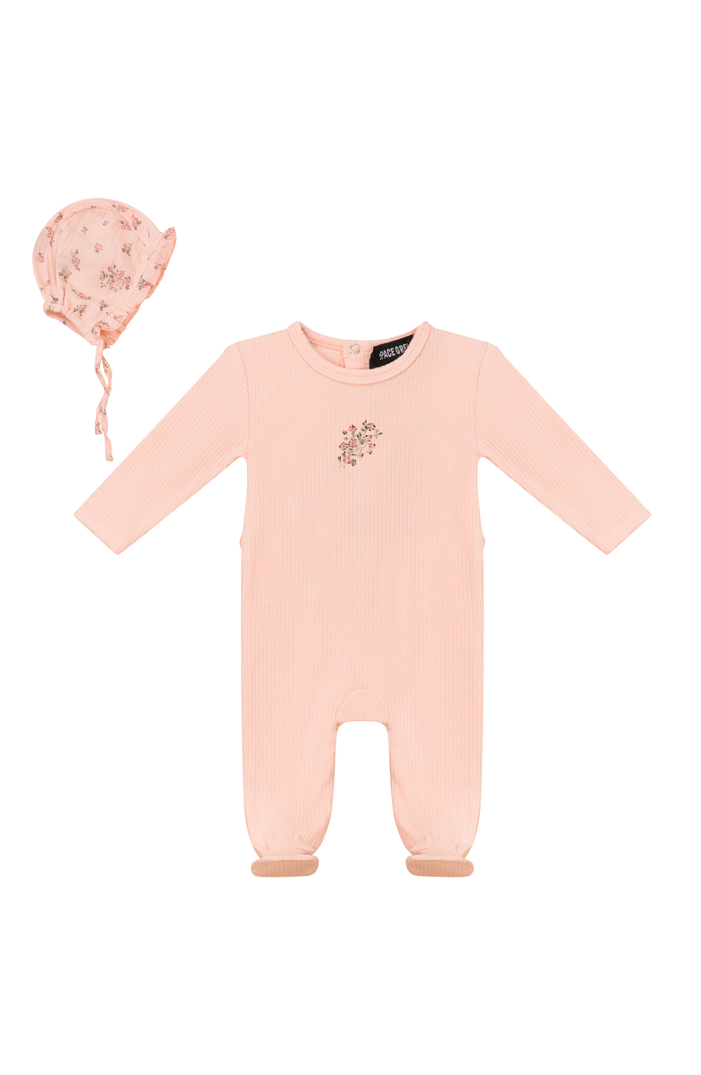Space Grey Pointelle Rib Romper and Floral Gauze Bonnet Set, Main, color, Pink