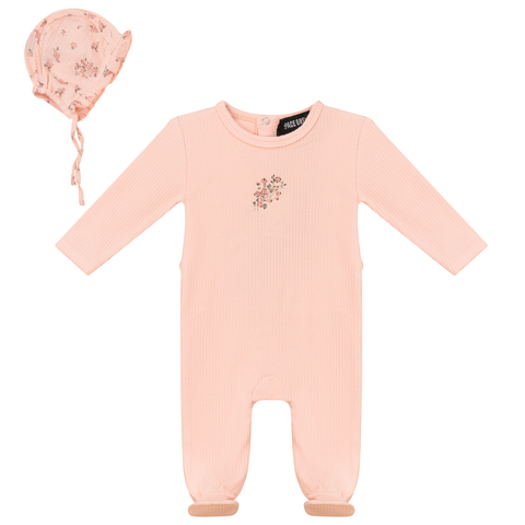 Pointelle Rib Romper and Floral Gauze Bonnet Set (Baby)