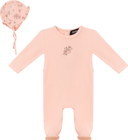 Space Grey Pointelle Rib Romper and Floral Gauze Bonnet Set