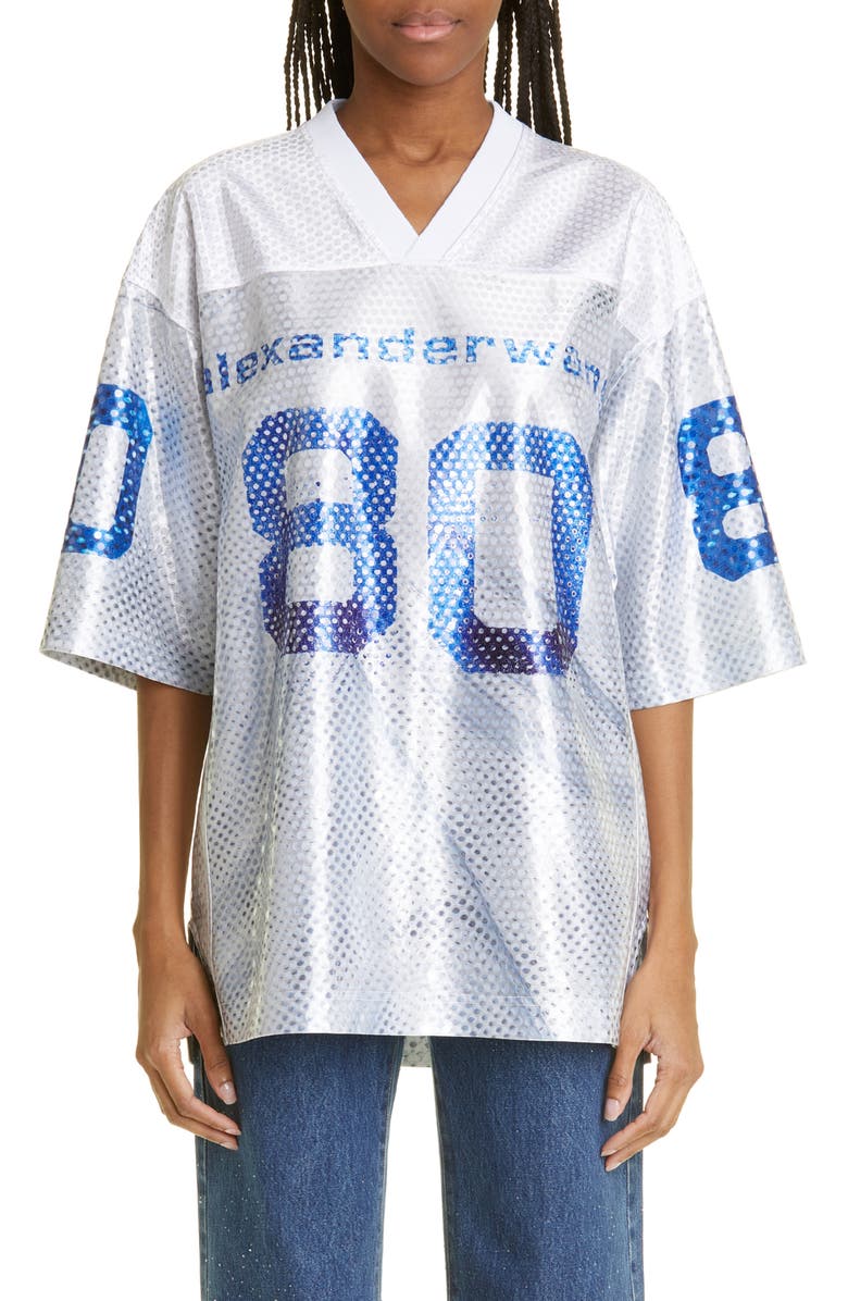 Alexander Wang Oversize Logo Sequin Satin Football Jersey, Main, color,