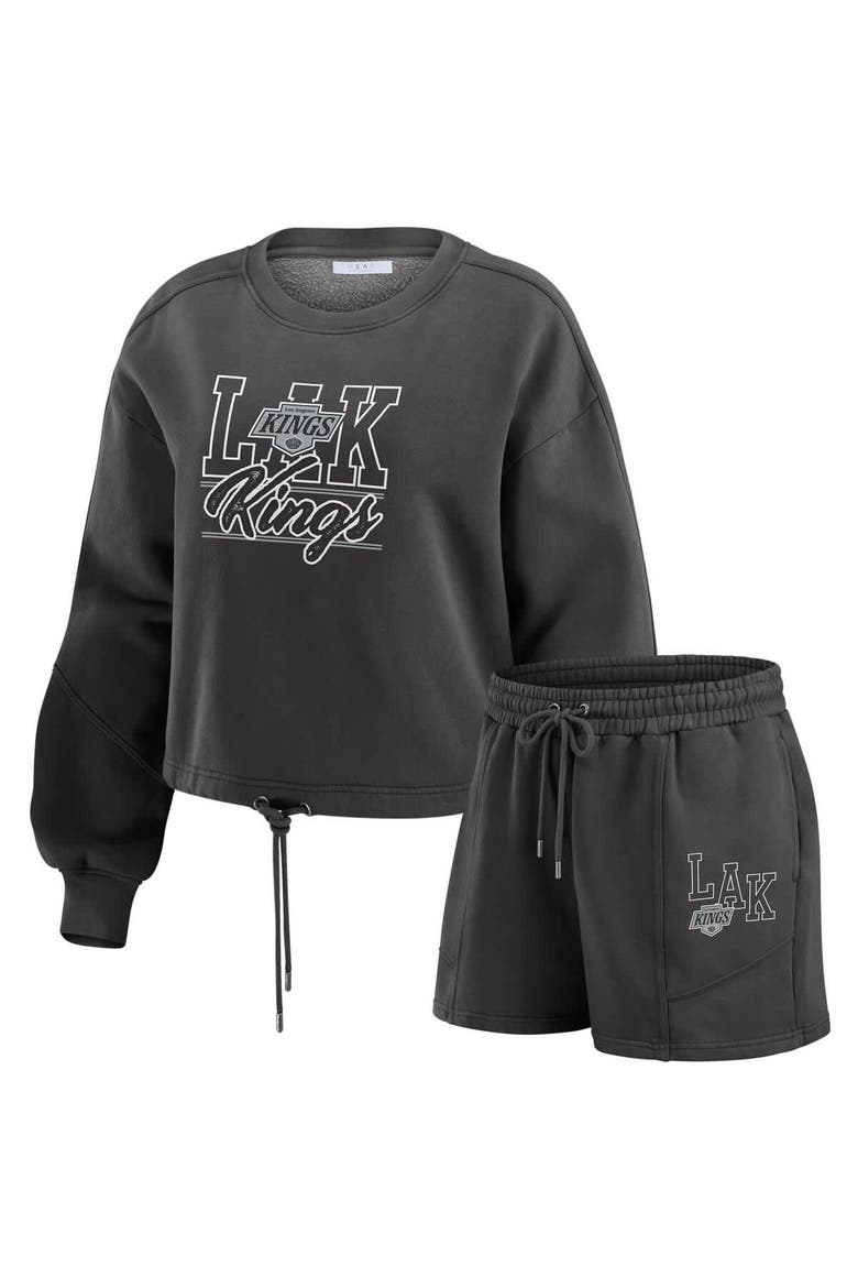 Women's WEAR by Erin Andrews Black Los Angeles Kings Washed Fleece Sweatshirt & Shorts Lounge Set, Alternate, color, Black