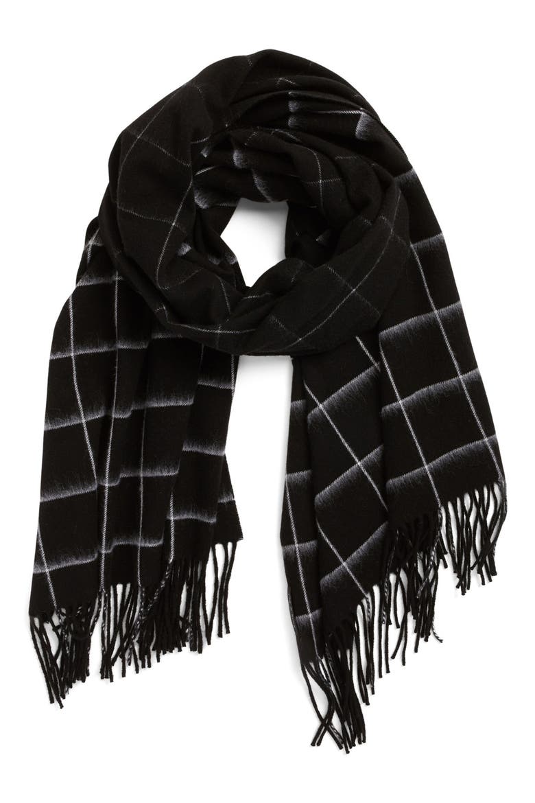 'Brushed Check' Merino Wool Scarf, Main, color, BLACK