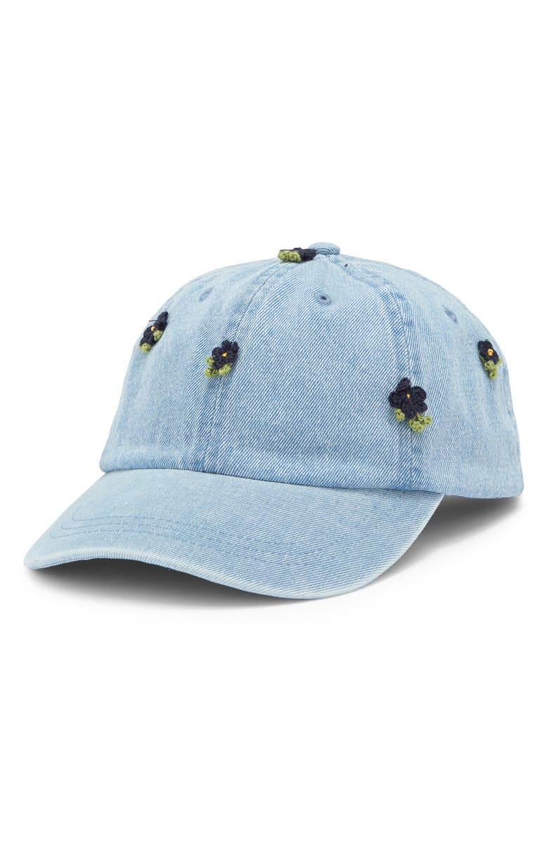 Clare V. Crochet Appliqué Denim Baseball Cap, Main, color, Light Denim W/ Floral Applique