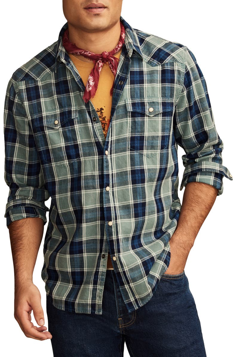 Lucky Brand Indigo Plaid Western Button-Up Shirt, Main, color, 