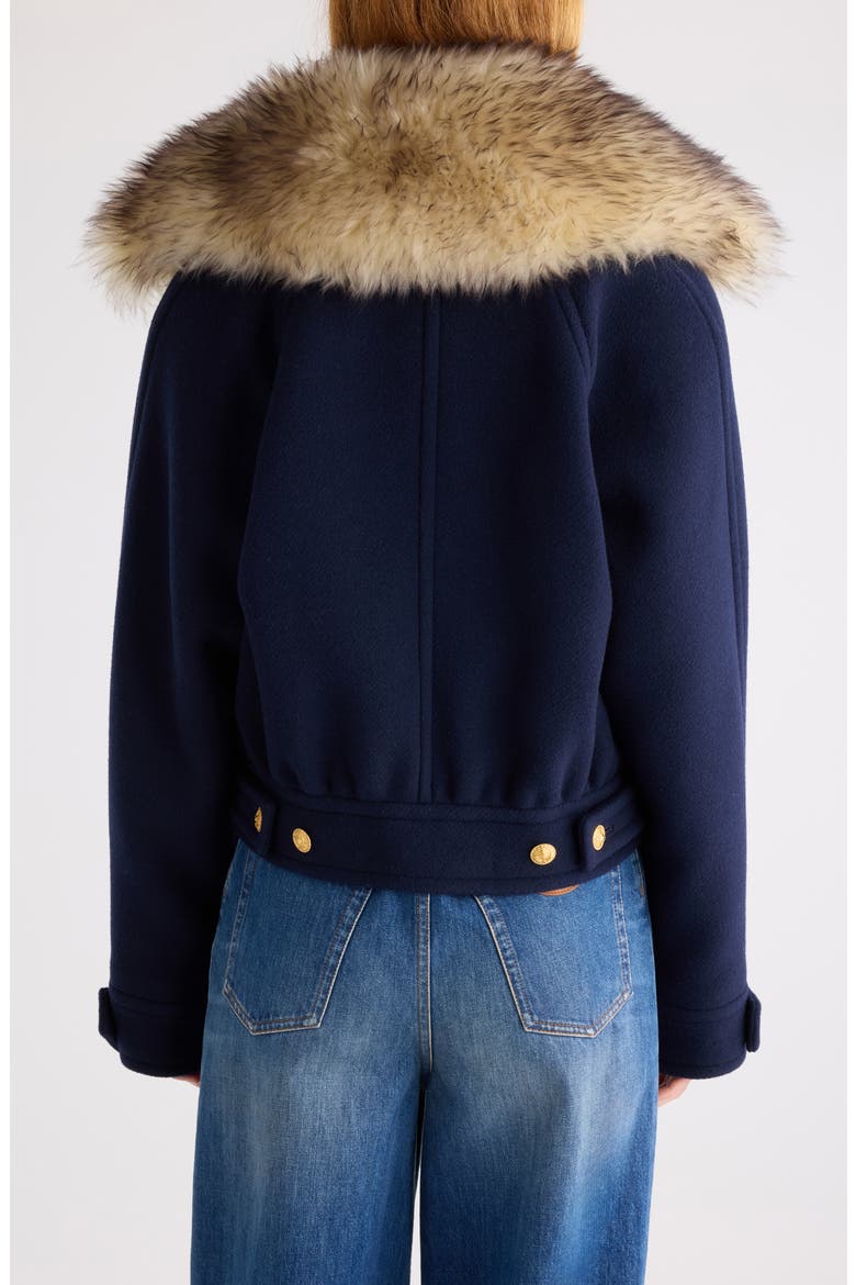 Crop Double Breasted Coat with Genuine Shearling Collar, Alternate, color, EVENING BLUE