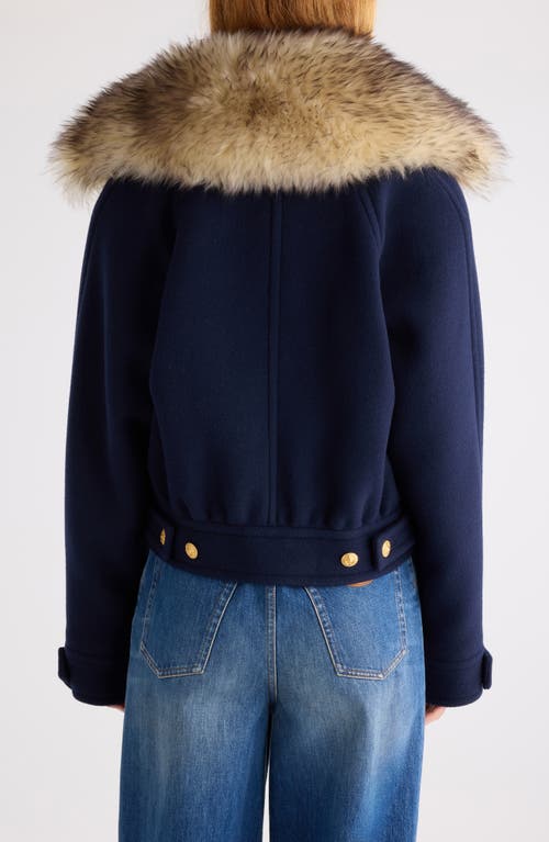 Chloé Crop Double Breasted Coat With Genuine Shearling Collar In Blue