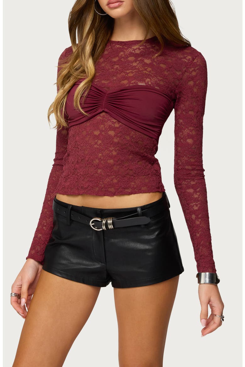 Rosette Bandeau Long Sleeve Lace Top, Alternate, color, BURGUNDY