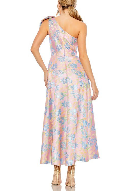 Mac Duggal One Shoulder Embroidered Floral A Line Dress In Pink Multi