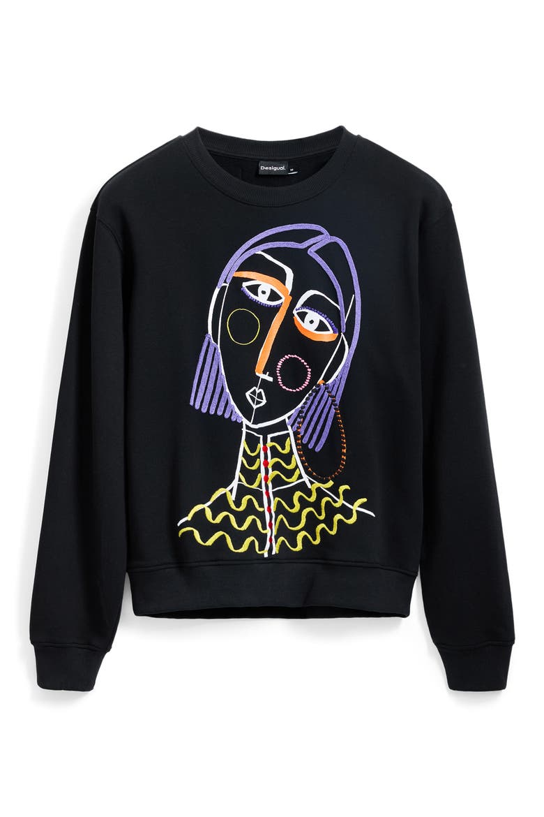 Embroidered Face Design Cotton Sweatshirt, Alternate, color, BLACK