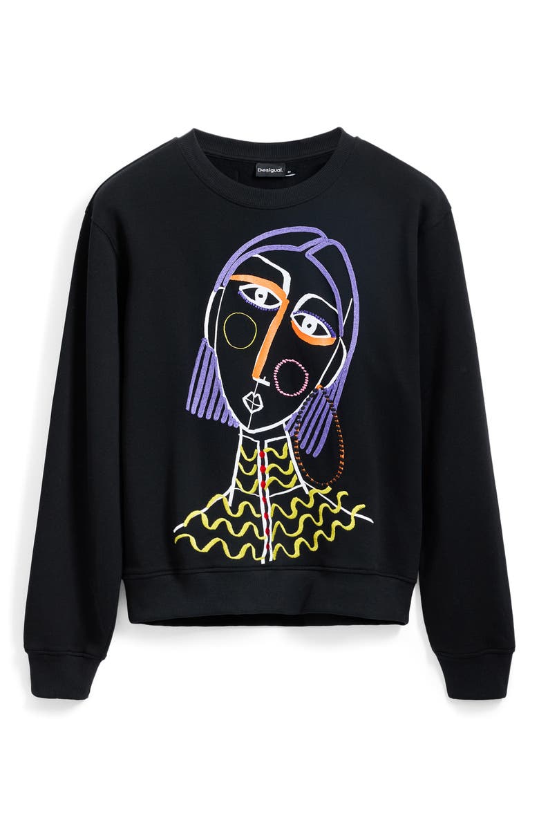 Desigual Embroidered Face Design Cotton Sweatshirt, Alternate, color,