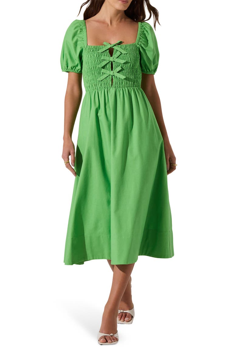 Bow Detail Smock Bodice Cotton Blend Dress, Main, color, GREEN