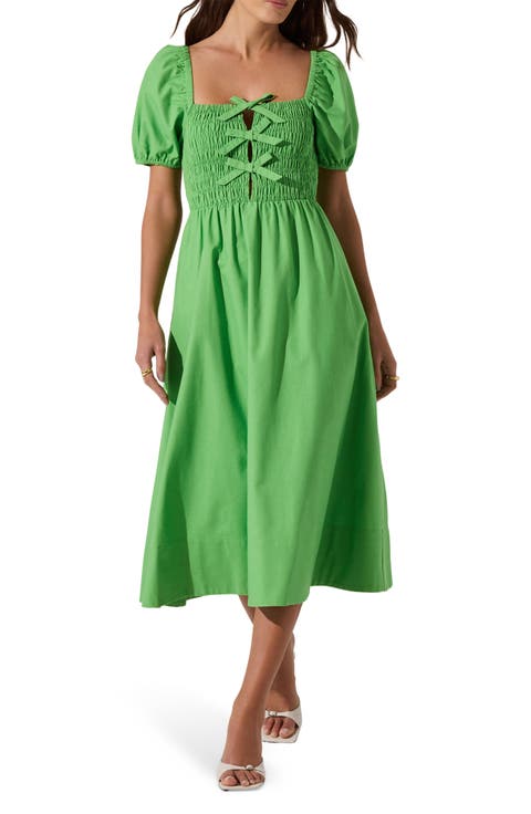 Bow Detail Smock Bodice Cotton Blend Dress