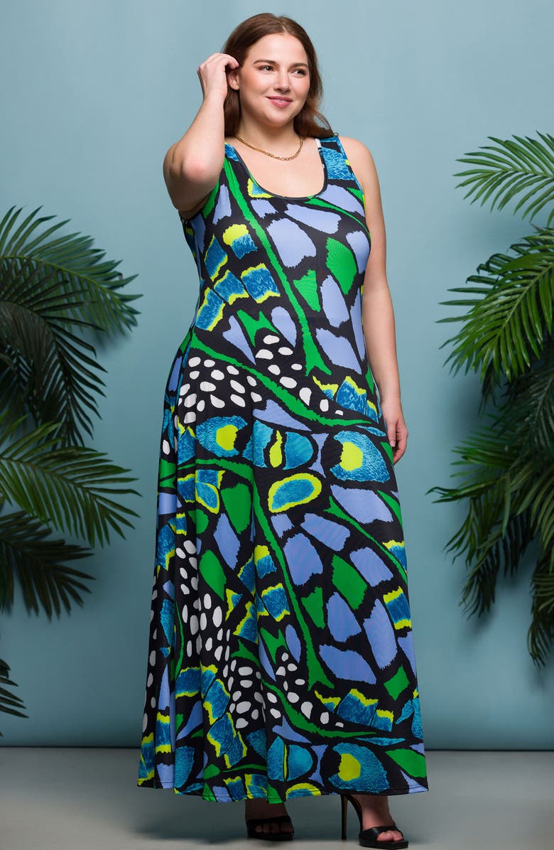 24seven Comfort Apparel Print Sleeveless Maxi Dress, Alternate, color, Green Multi