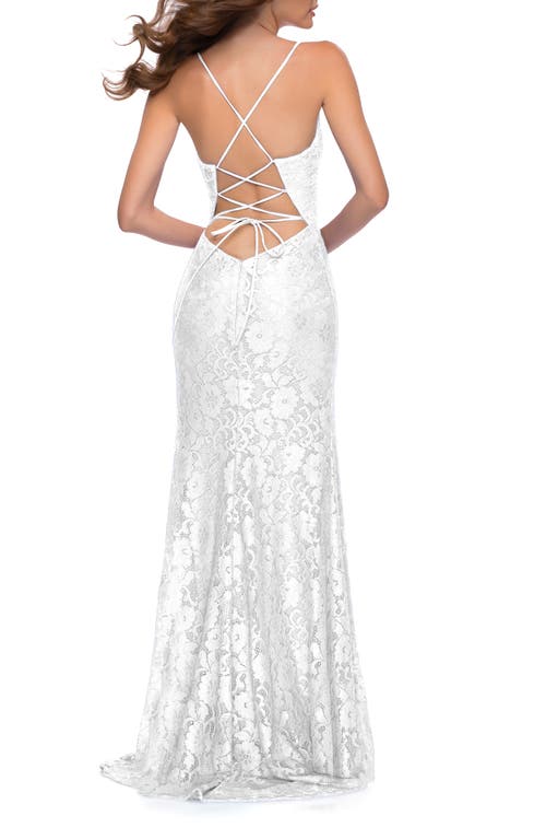 La Femme Lace Long Dress With Scallop Detail On Skirt Slit In Ivory