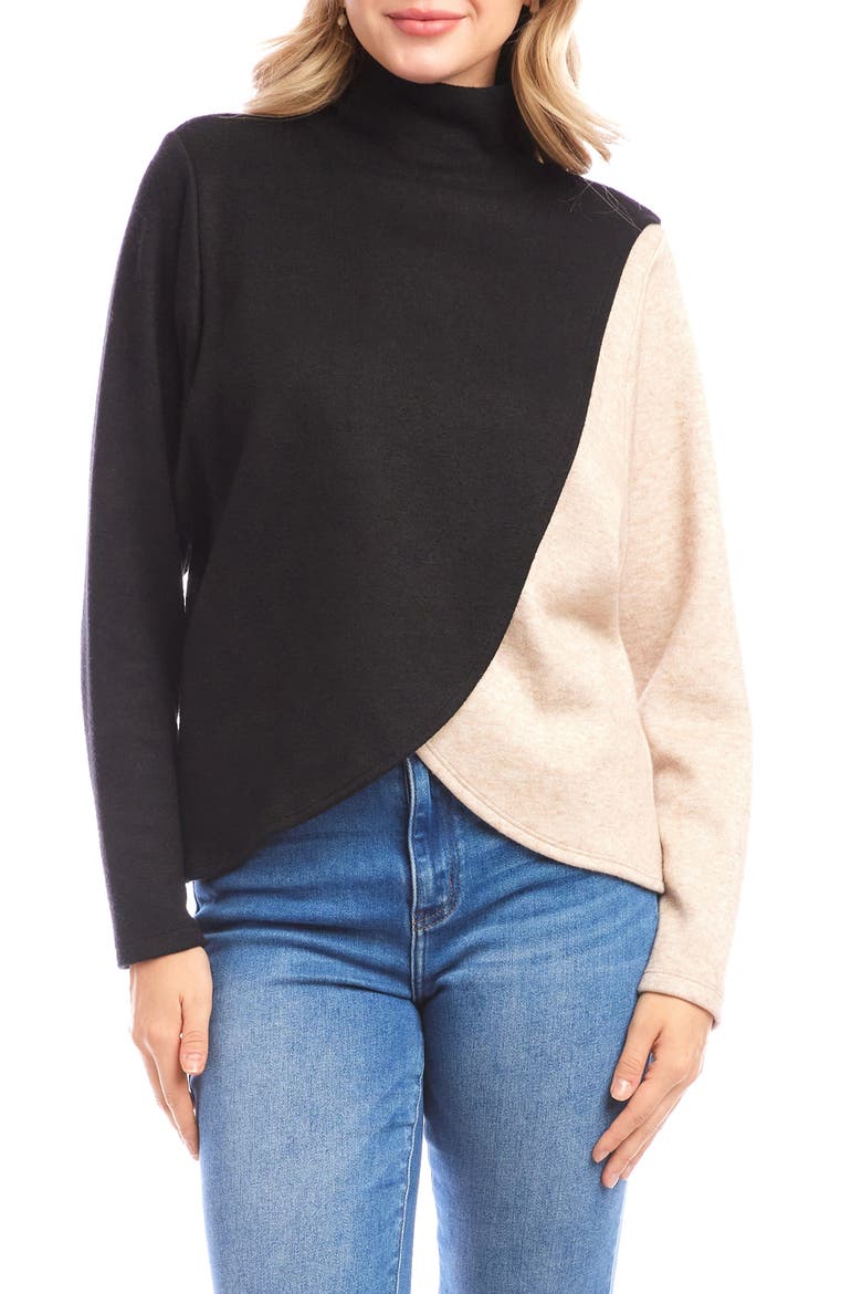 Colorblock Turtleneck Crossover Hem Knit Top, Main, color, BLACK/ OATMEAL