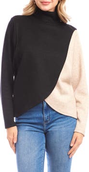 Karen Kane Colorblock Turtleneck Crossover Hem Knit Top