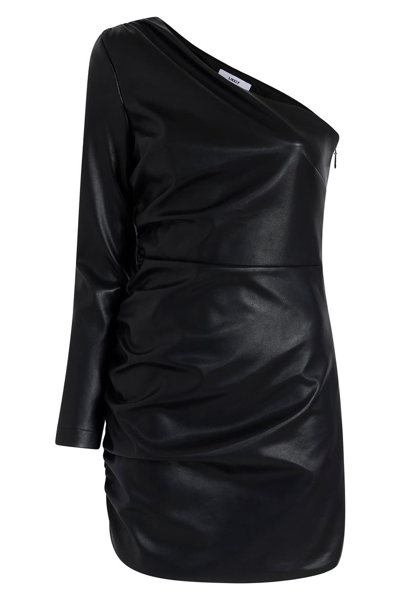 Serena One-Shoulder Single Long Sleeve Faux Leather Minidress, Alternate, color, BLACK