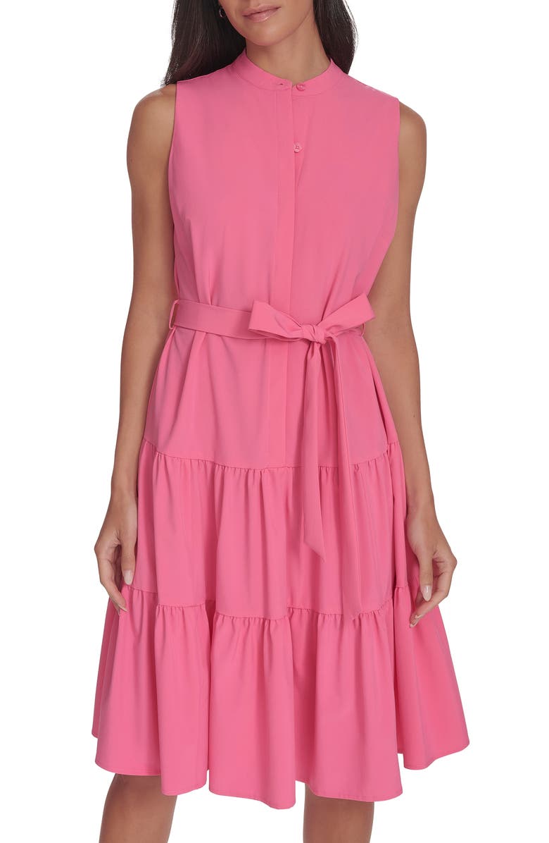 Calvin Klein Commuter Sleeveless Tiered Shirtdress, Main, color, Azalea