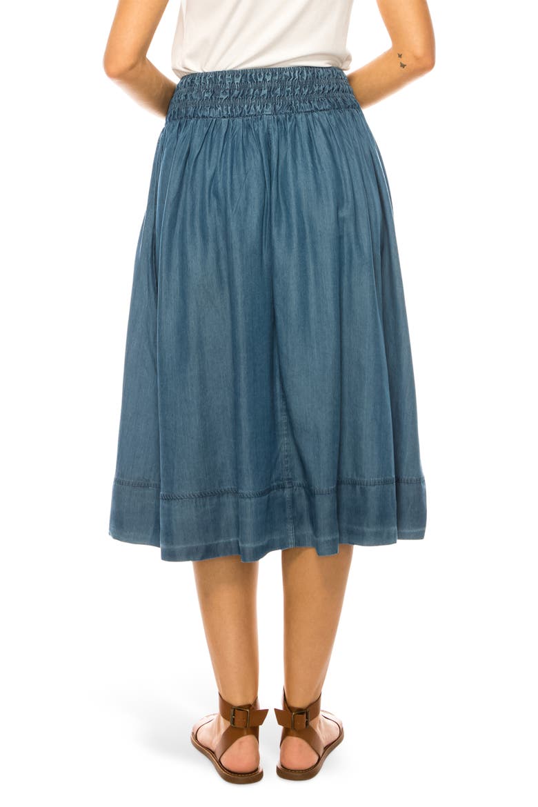 Smock Waist Midi Skirt, Alternate, color, MEDIUM INDIGO