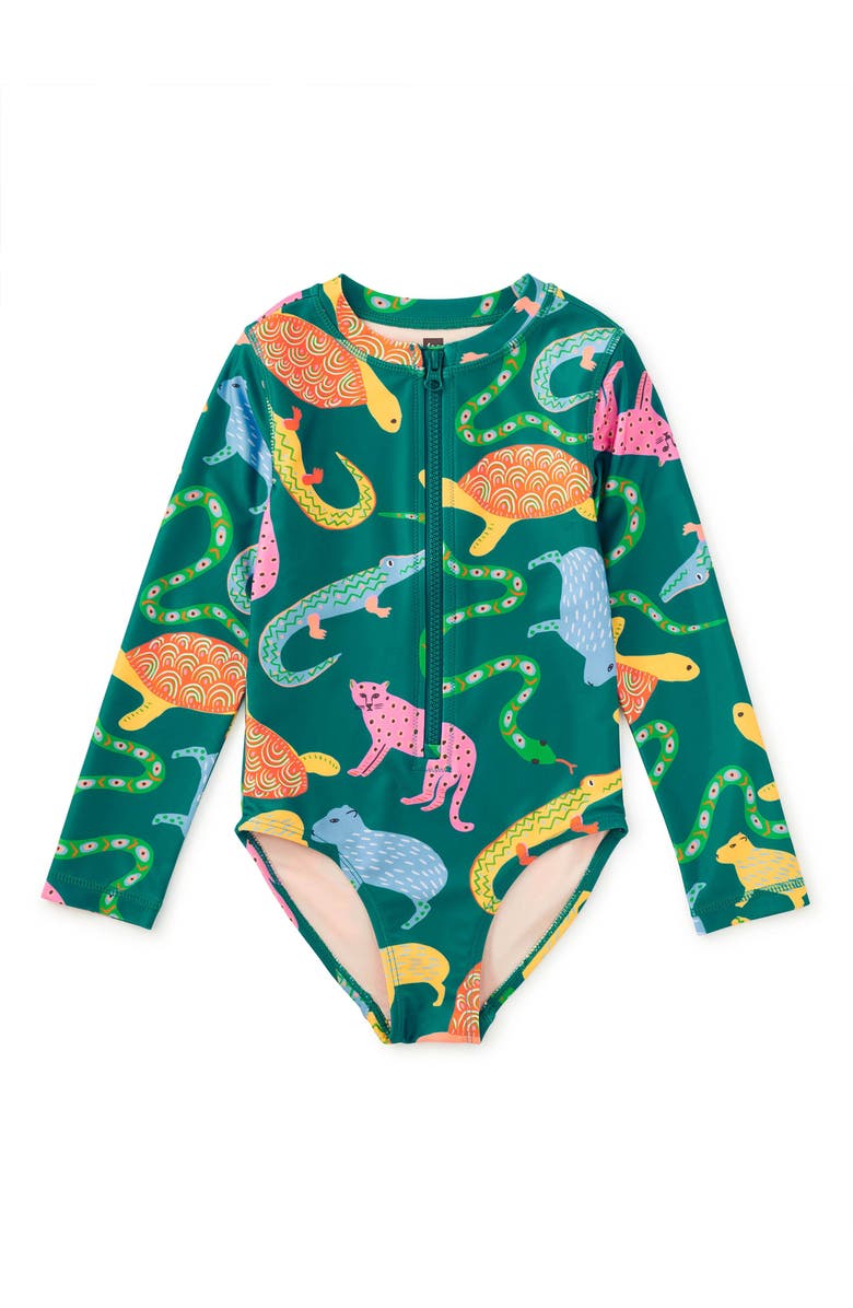 Tea Collection Long Sleeve One-Piece Swimsuit, Main, color, Brazilian Folk Animals