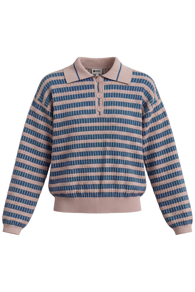 Contrast Collar Dotted Knit Cropped Button Front Top, Main, color, Light Dusty Pink/Medium Navy