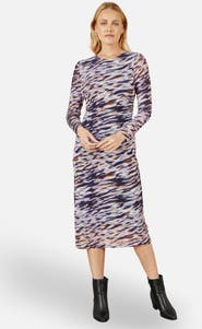 Yumi Abstract Stripe Ruched Midi Dress