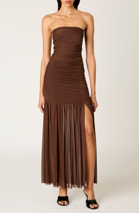 Nola Shirred Strapless Mesh Maxi Dress