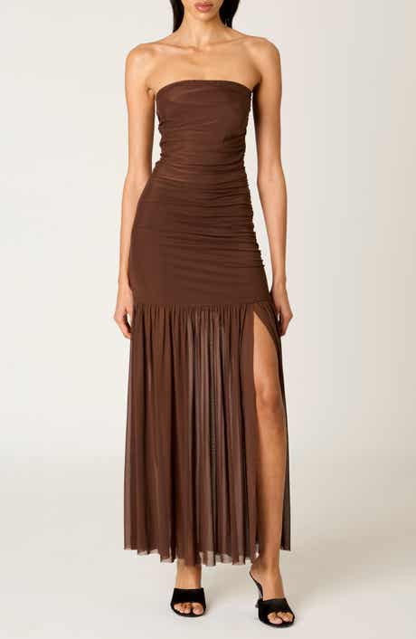 Nia Nola Shirred Strapless Mesh Maxi Dress