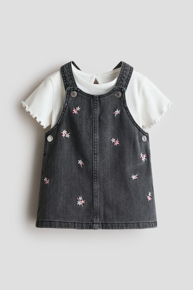 2-piece Dungaree Dress And Top Set, Main, color, Dark gray/floral