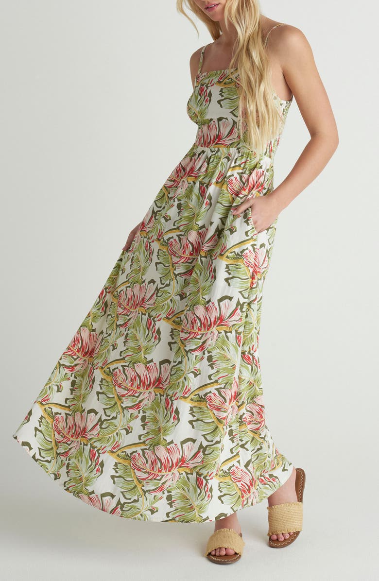 Hurley Malibu Leaf Print Maxi Dress, Alternate, color, Off White