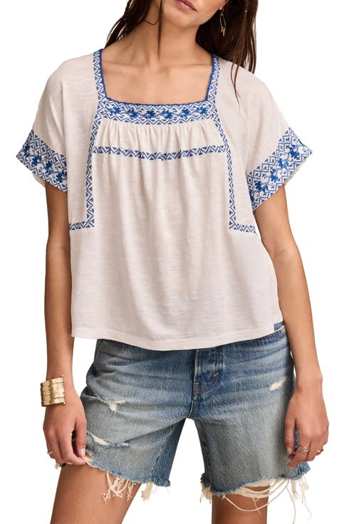 Embroidered Short Sleeve Cotton Peasant Top