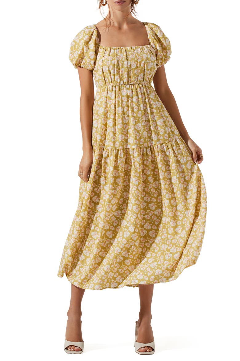 Puff Sleeve Floral Cotton Midi Dress, Main, color, OLIVE PEACH FLORAL