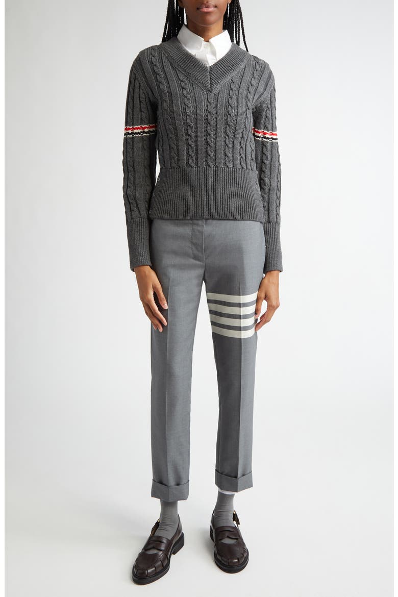 Cable Knit Virgin Wool V-Neck Sweater, Alternate, color, MEDIUM GREY