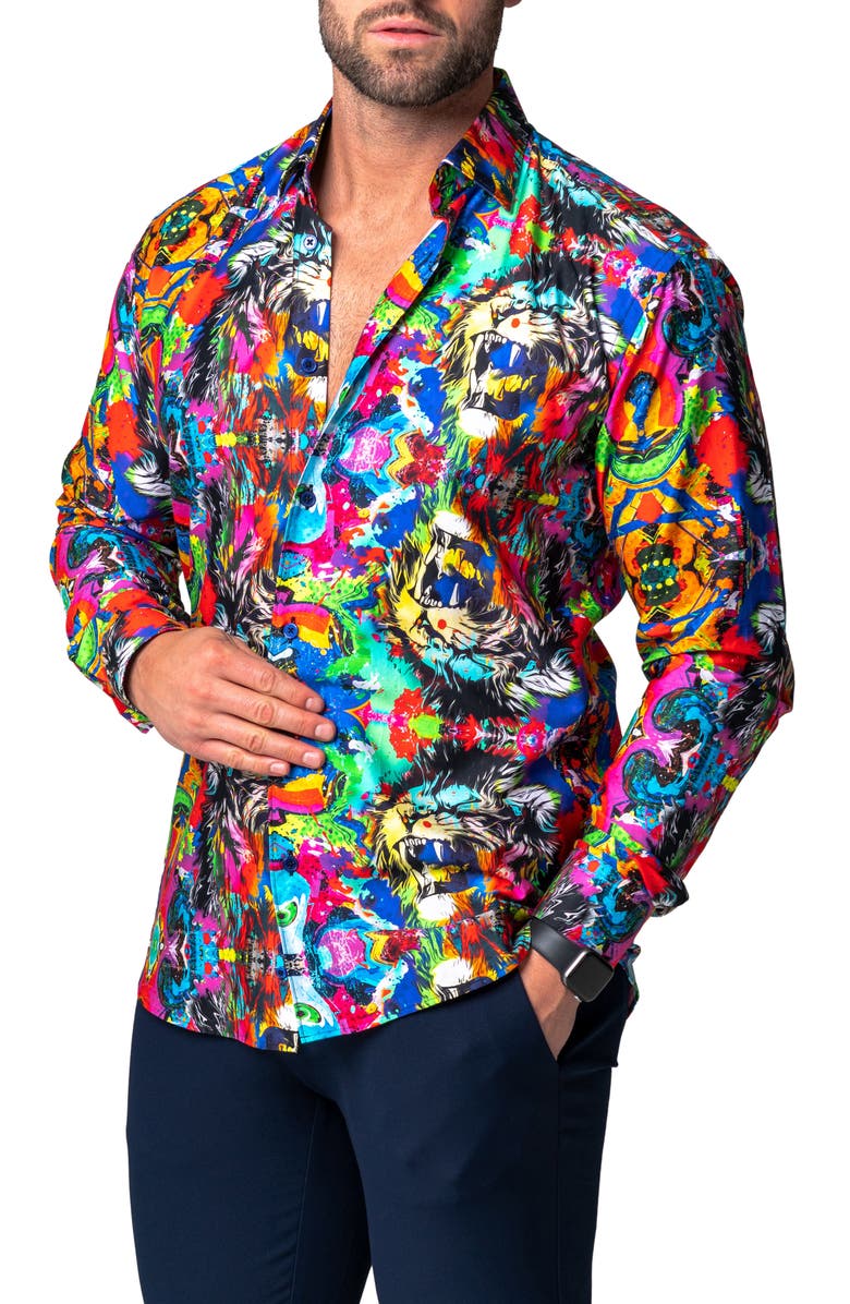 Maceoo Fibonacci Acidroar Regular Fit Button-Up Shirt, Alternate, color, Blue Multi