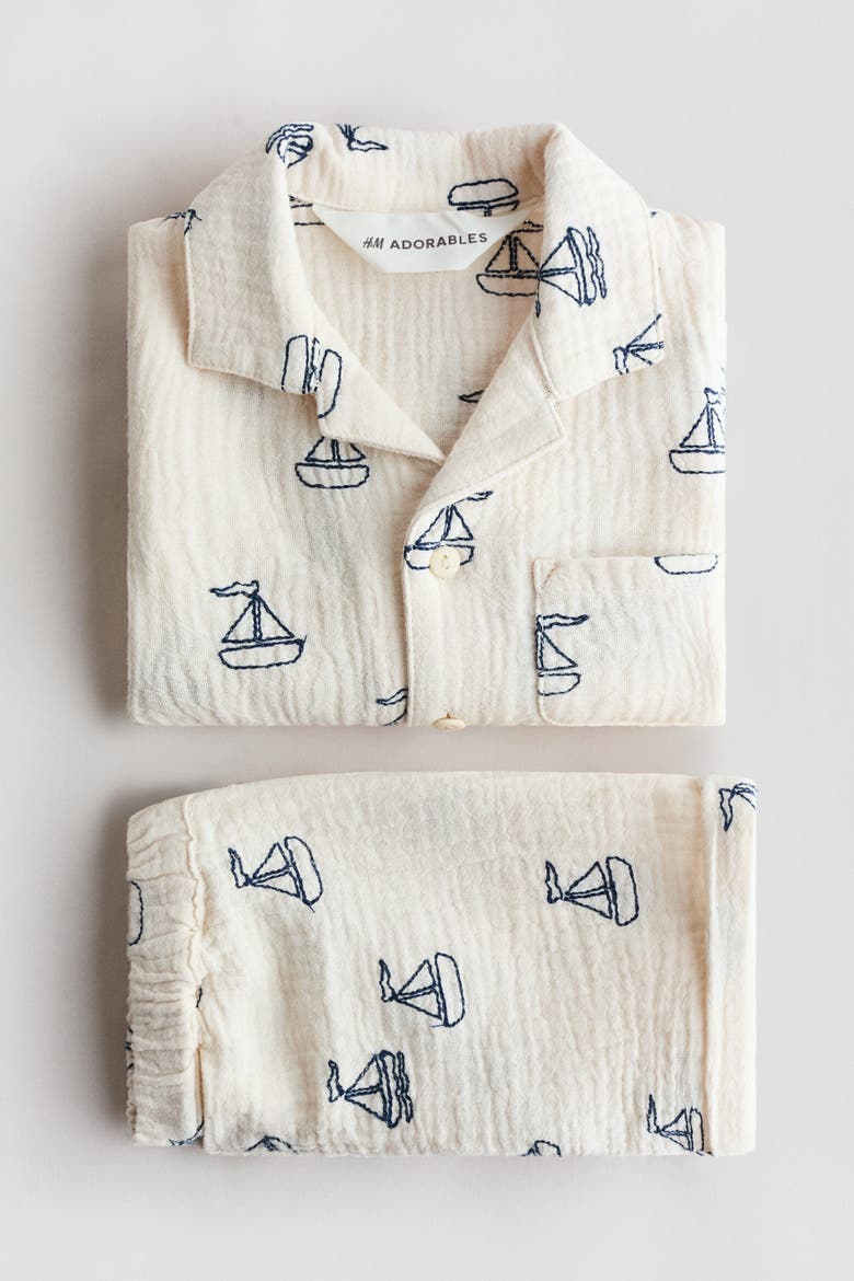 2-piece Cotton Shirt And Shorts Set, Alternate, color, Light beige/sailboats