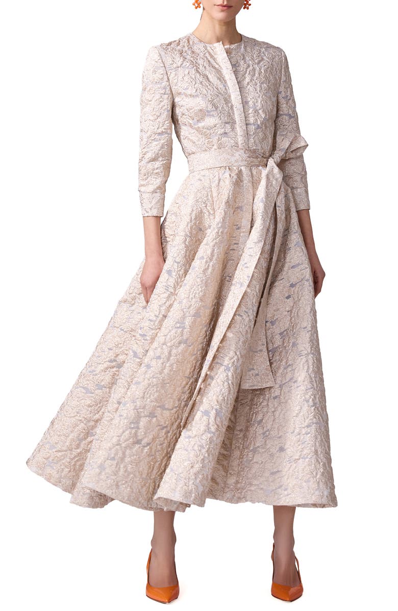 Carolina Herrera Metallic Floral Jacquard Trench Midi Dress, Alternate, color, Gold