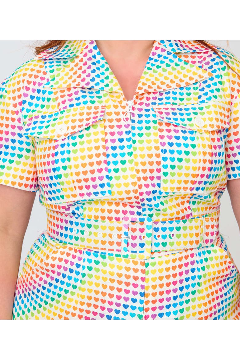 Plus Size Retro Flare Jumpsuit, Alternate, color, Yellow Rainbow Heart Print