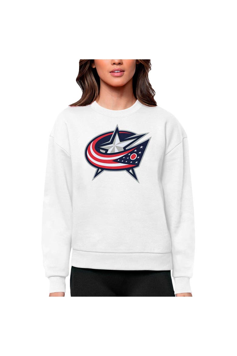 Women's Antigua White Columbus Blue Jackets Primary Logo Team Logo Victory Crewneck Pullover Sweatshirt, Main, color, White
