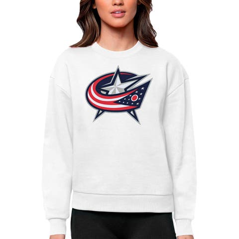 Women's Antigua White Columbus Blue Jackets Primary Logo Team Logo Victory Crewneck Pullover Sweatshirt