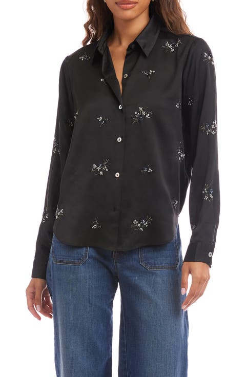 Floral Embellished Satin Button-Up Shirt