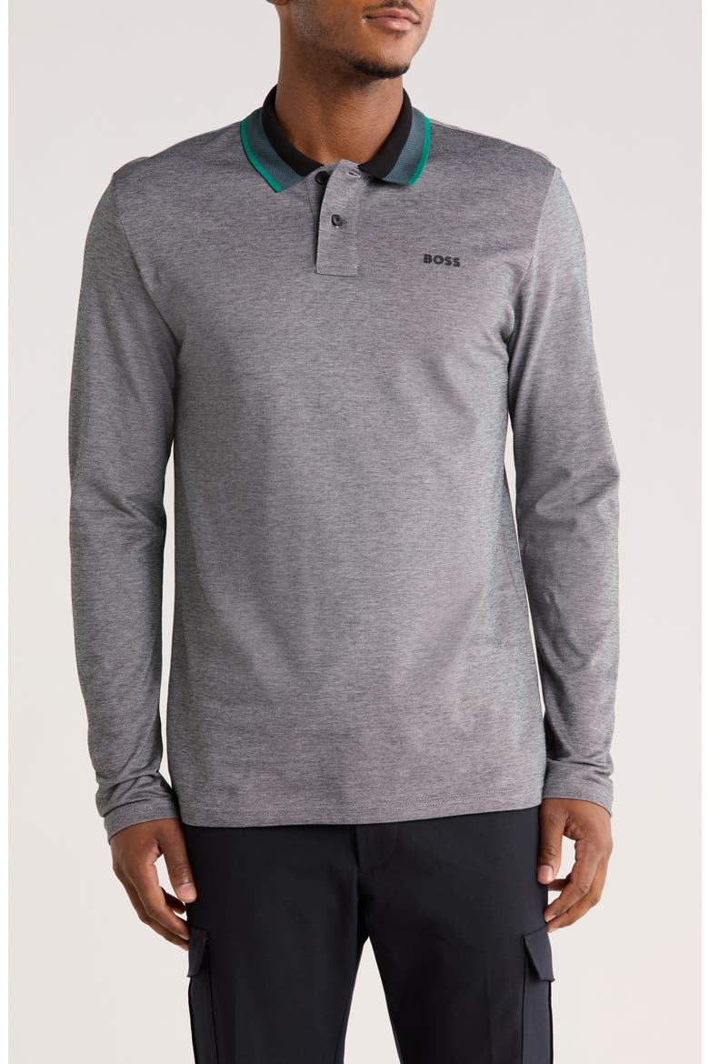 Stripe Collar Long Sleeve Cotton Piqué Polo, Main, color, OPEN BLUE