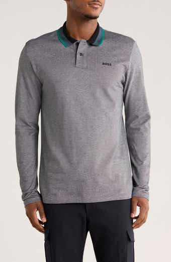 Stripe Collar Long Sleeve Cotton Piqué Polo
