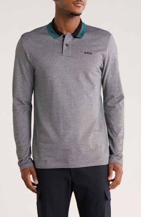 BOSS Stripe Collar Long Sleeve Cotton Piqué Polo